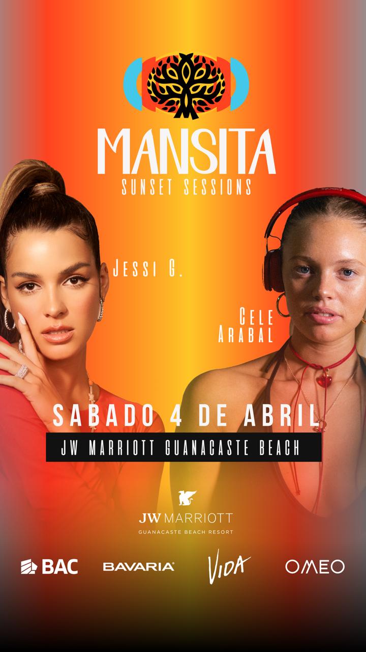 Flyer del evento con fondo degradado naranja y rojo, dos DJs en primer plano, el nombre del evento en letras grandes, fecha y lugar, y logos de patrocinadores en la parte inferior.